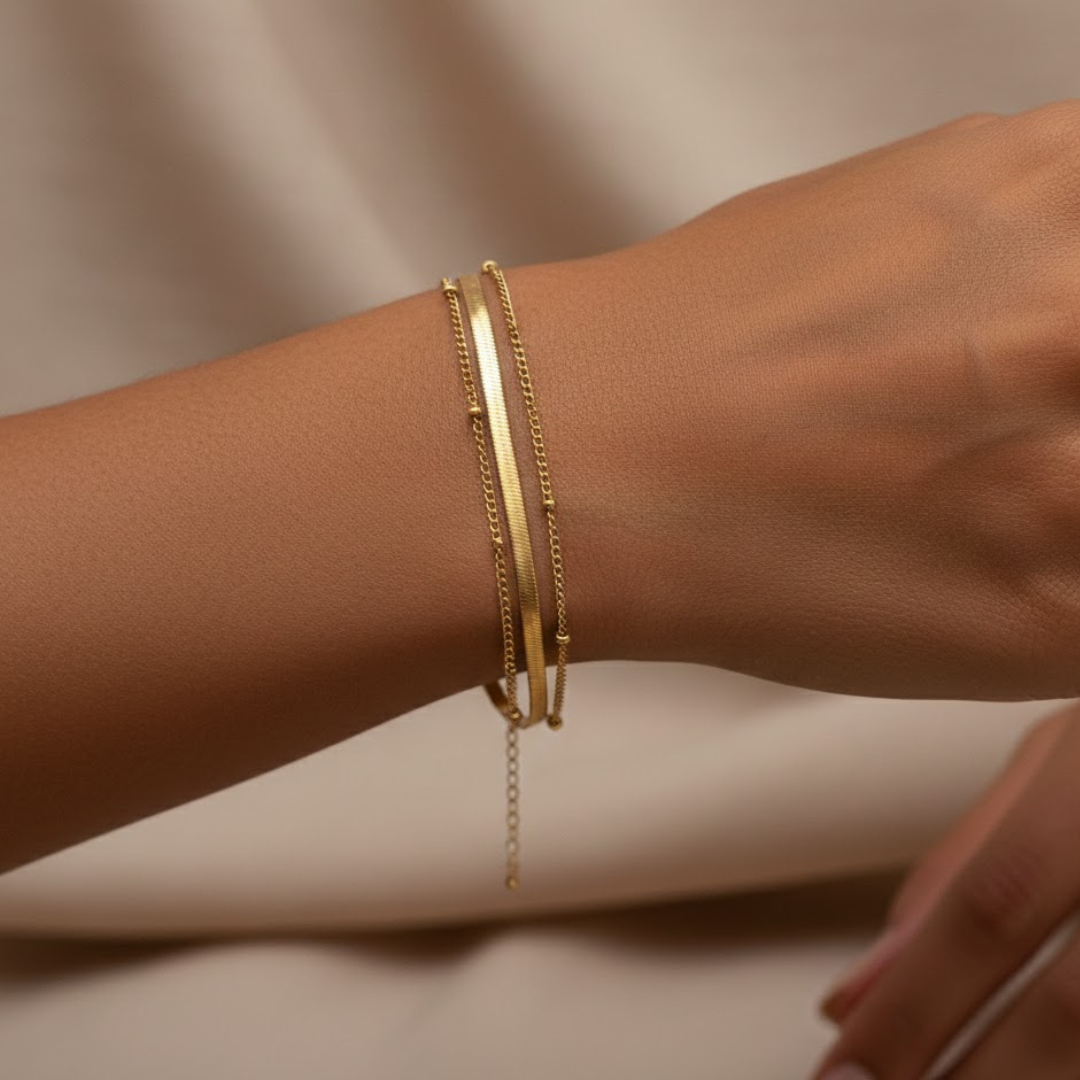 Dainty Herringbone & Bead Layered Bracelet