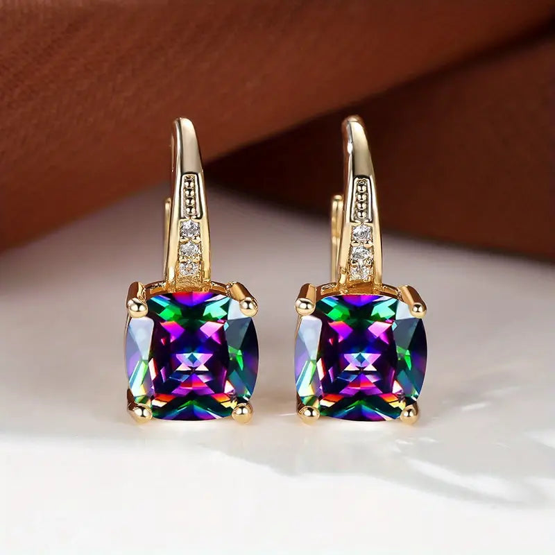 Mystic Sapphire Stone Hoop Earrings | Gold 18k