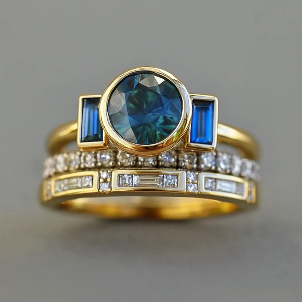 Antique Blue Elegant Ring Set | Gold 18k