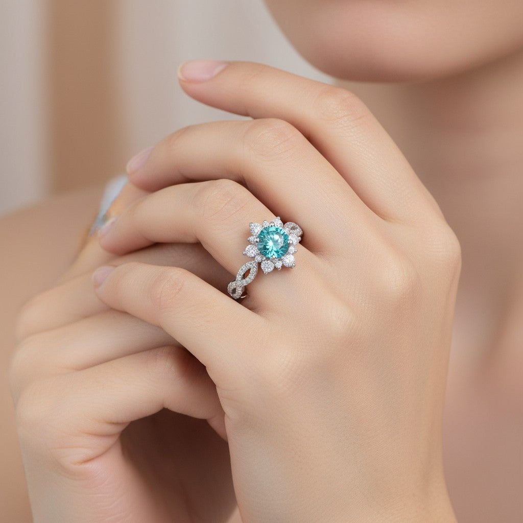 Crystal Turquoise Flower Ring | White Gold 18k