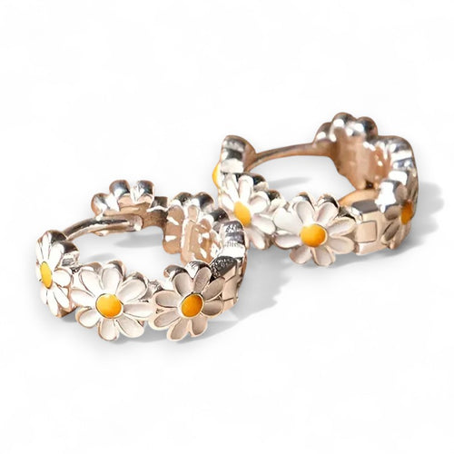Elegant Daisy Hoop Earrings | White Gold 16k