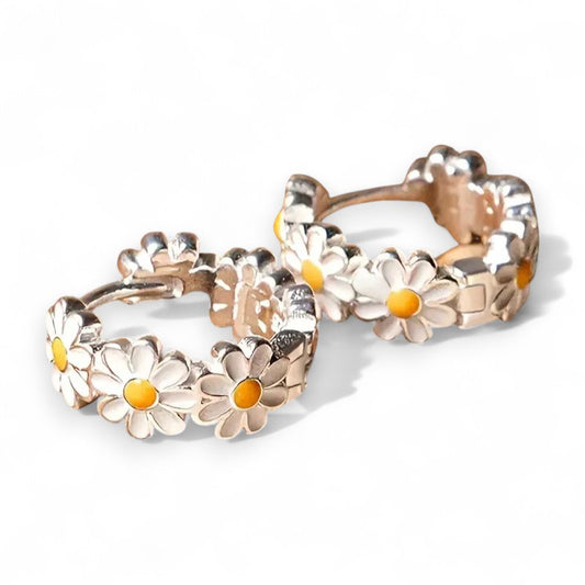 Elegant Daisy Hoop Earrings | White Gold 16k