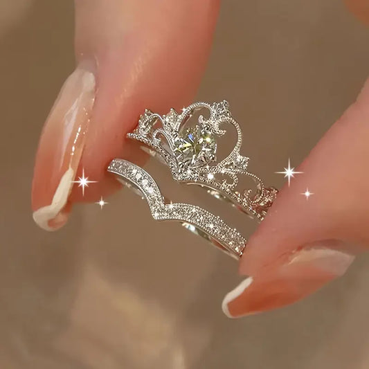 Shiny Crown Silver Ring Set | White Gold 18k